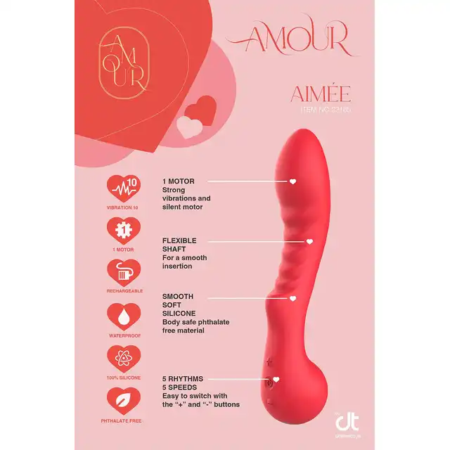 Amour – Flexible G-Spot Vibrator Aimee. Malinowy, profilowany wibrator do stymulacji punktu G z  żebrowaniem