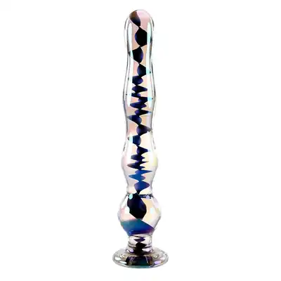 Playboy - Jewels Wand. Eleganckie szklane dildo z wąską końcówką i stopniowanymi koralikami, z kryształowym opalizującym wykończeniem
