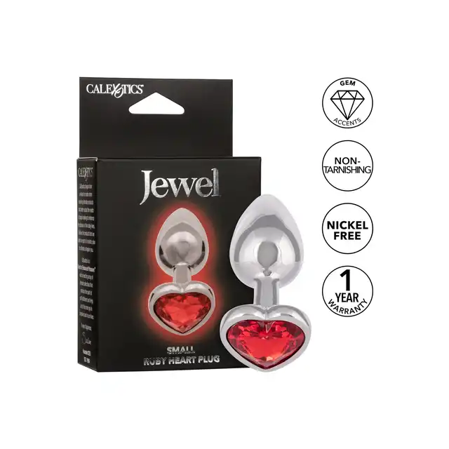 CalExotics - Jewel Small Ruby Heart Plug. Metalowy korek analny z czerwonym serduszkiem w podstawie, wtyczka o zaokrąglonym kształcie