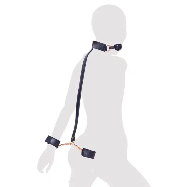 Bad Kitty - Ball Gag+Cuffs. Zestaw bondage silikonowy knebel w połączeniu z kajdankami, stylowe skórzane wykończenie