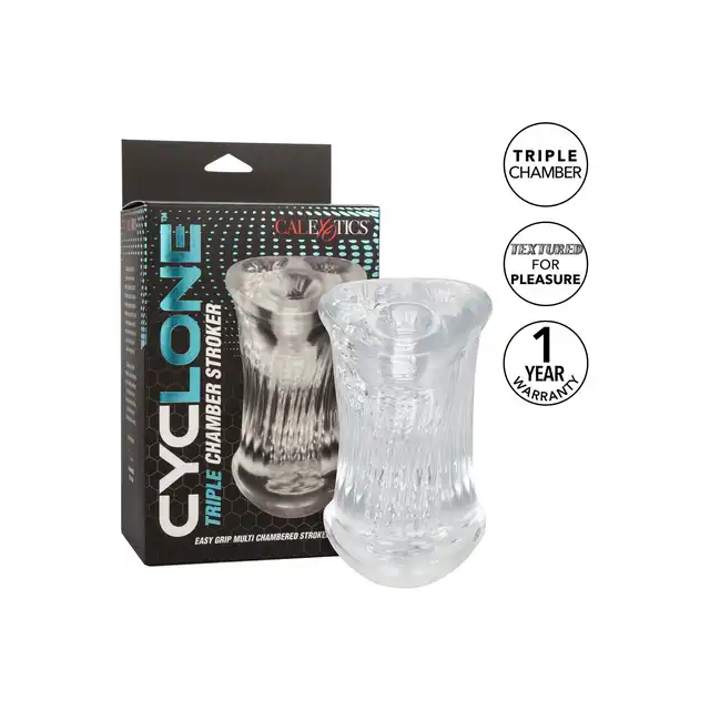 CalExotics - Cyclone Triple Chamber Stroker. Żebrowany masturbator z trzema otworami penetracyjnymi, potrójna intensywność i przyjemność