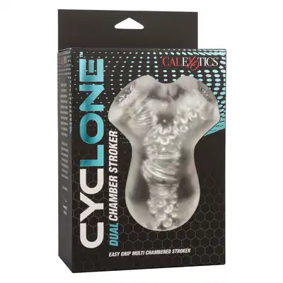 CalExotics - Cyclone Dual Chamber Stroker. Transparentny masturbator z dwoma żebrowanymi komorami, odkryj wielokomorową stymulację i przeżyj ekscytującą przygodę 