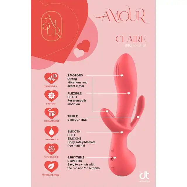 Amour – Triple Pleasure Vibe Claire. Różowy, potrójny wibrator do stymulacji waginalnej, analnej oraz łechtaczkowej