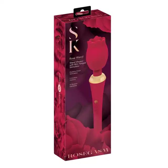 Rosegasm - Bouquet Rose Wand. Czerwona magiczna różdżka w kształcie róży z języczkiem do stymulacji łechtaczki. Zmysłowe i pełne elegancji doznania
