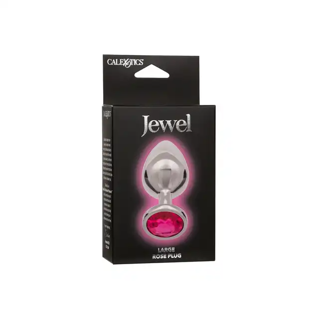 CalExotics - Jewel Large Rose Plug. Metalowy korek analny z różowym kryształkiem w podstawie, srebrny i gładki plug o opływowym kształcie