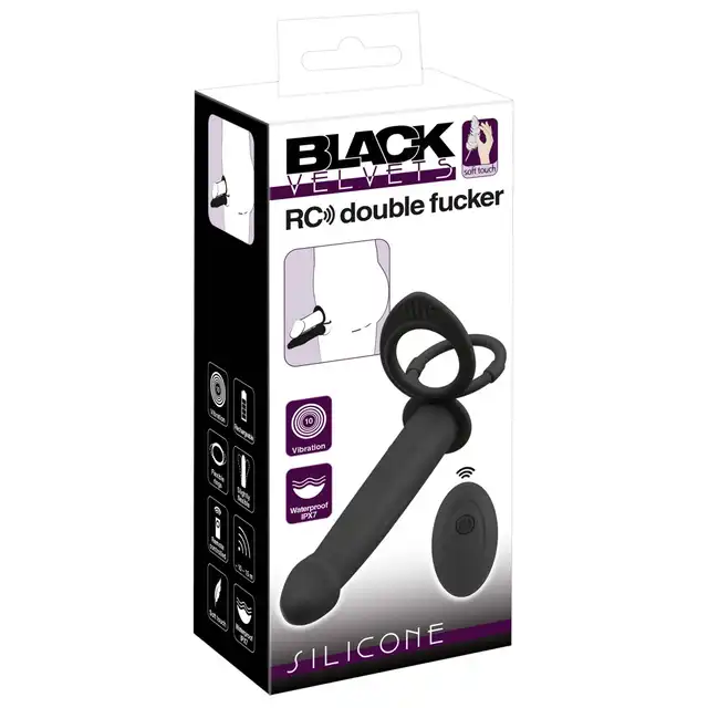Black Velvets - Vibrating RC Double Fucker. Strapon męski, analny wibrator z pierścieniem na penisa i jądra, zapewniające intensywne doznania podwójnej penetracji