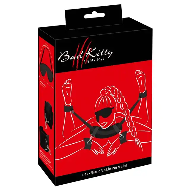 Bad Kitty - Neck Wrist Ankle Restraint. Rozbudowany zestaw do krępowania, połącz ze sobą szyję, dłonie oraz stopy dla maksymalnego zniewolenia