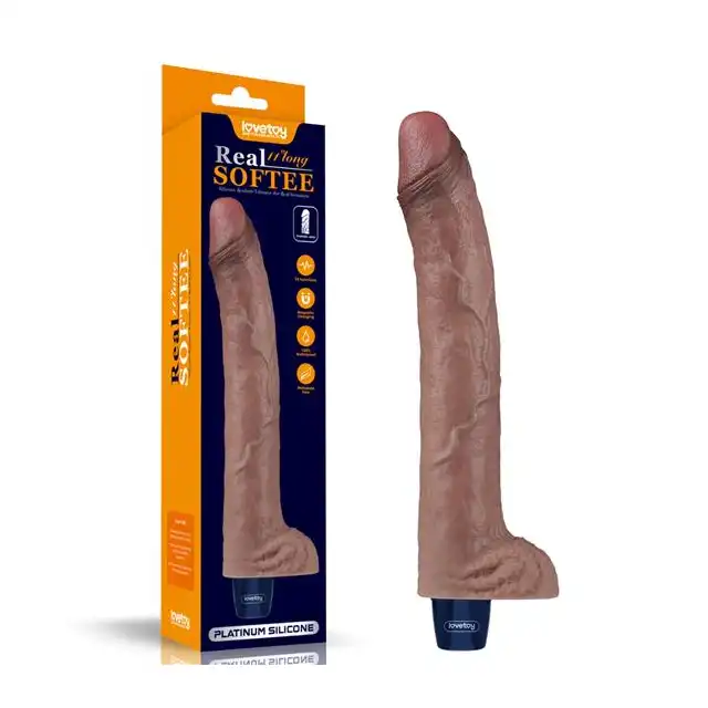 Lovetoy - Real 11 " Long Softee Vibrator. Duży, super realistyczny wibrator w brązowym kolorze z żylastą strukturą, silne wibracje w dużym rozmiarze