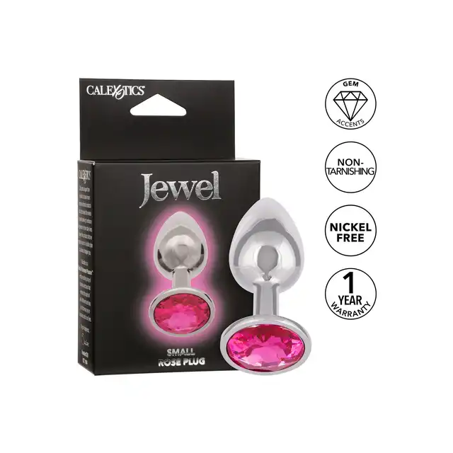 CalExotics - Jewel Small Rose Plug. Niewielki korek analny z różowym kryształkiem, srebrny i gładki plug o opływowym kształcie