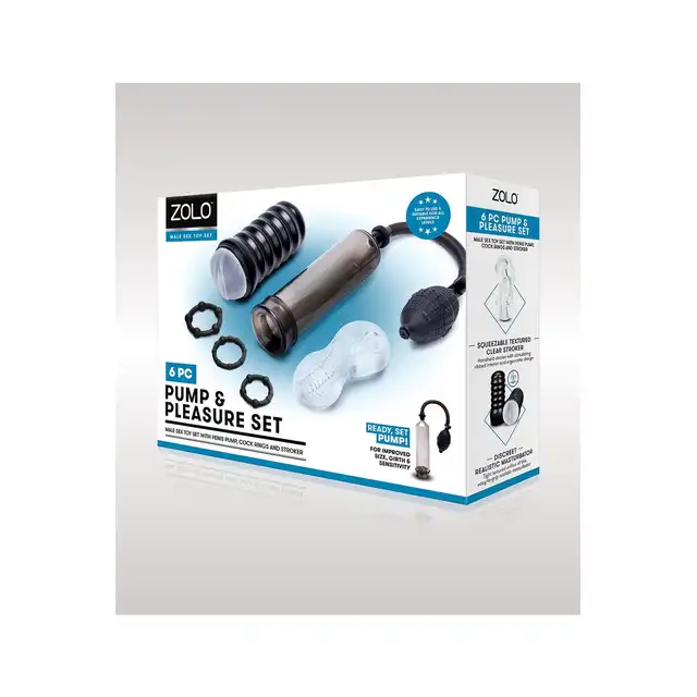 Zolo - 6 Pump &amp; Pleasure Set - zestaw powiększający do penisa! Pompka, ringi, masturbatory!