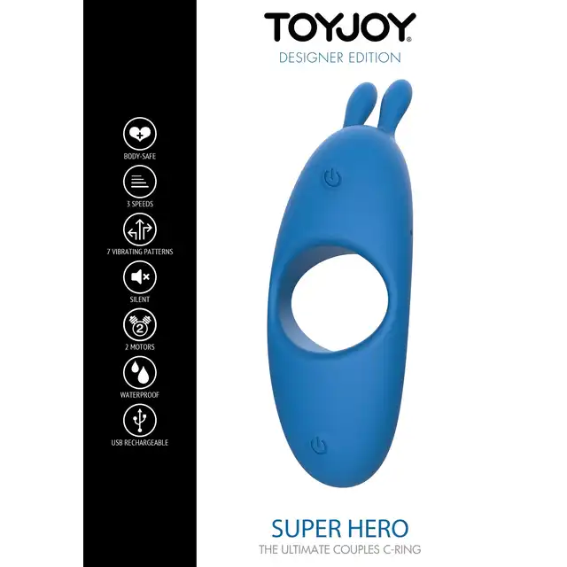 ToyJoy - Super Hero Couples C-Ring. Pierścień erekcyjny, potężne wibracje masującym trzon i jądra i wibrujące uszka stymulujące łechtaczkę