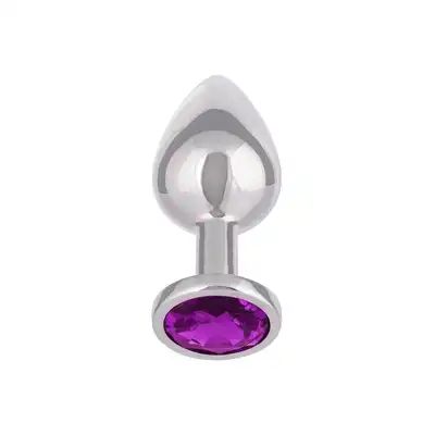 CalExotics - Jewel Large Amethyst Plug. Metalowy korek analny o bezszwowej opływowej konstrukcji z fioletowym kryształkiem w podstawie