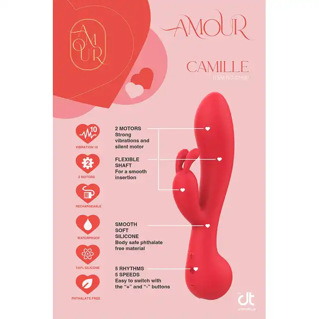 Amour - Rabbit Vibe Camille. Czerwony, elegancki wibrator z króliczkiem i 2 silniczkami o wodoodporności IPX6