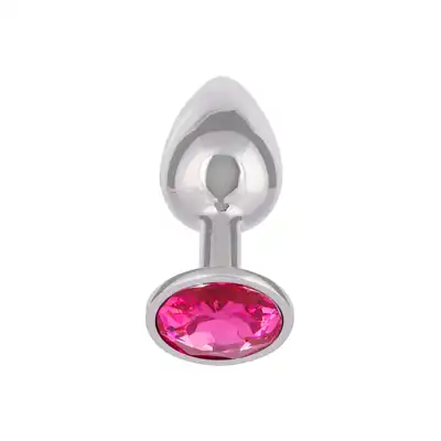 CalExotics - Jewel Small Rose Plug. Niewielki korek analny z różowym kryształkiem, srebrny i gładki plug o opływowym kształcie