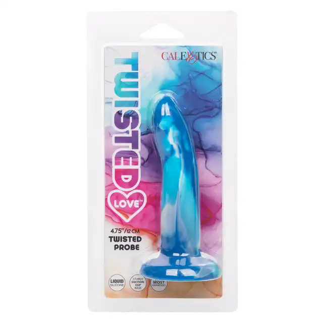 CalExotics - Twisted Probe Blue. Gładkie silikonowe dildo o delikatnej krzywiźnie do dokładniejszej stymulacji, przyssawka w podstawie