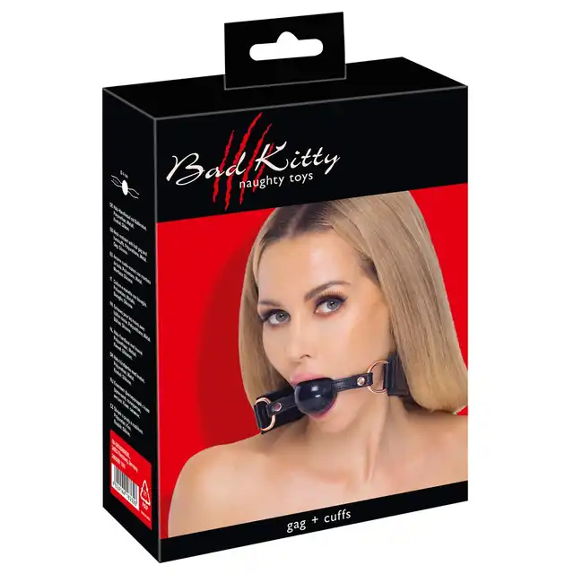 Bad Kitty - Ball Gag+Cuffs. Zestaw bondage silikonowy knebel w połączeniu z kajdankami, stylowe skórzane wykończenie