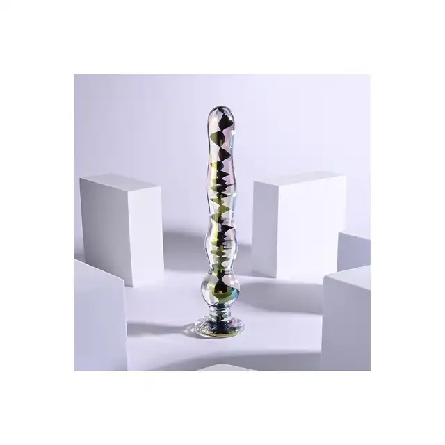 Playboy - Jewels Wand. Eleganckie szklane dildo z wąską końcówką i stopniowanymi koralikami, z kryształowym opalizującym wykończeniem