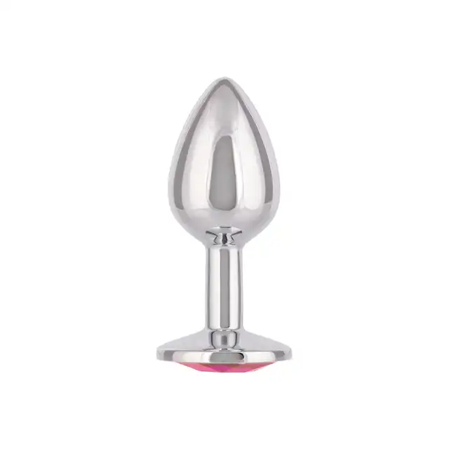 CalExotics - Jewel Small Rose Plug. Niewielki korek analny z różowym kryształkiem, srebrny i gładki plug o opływowym kształcie