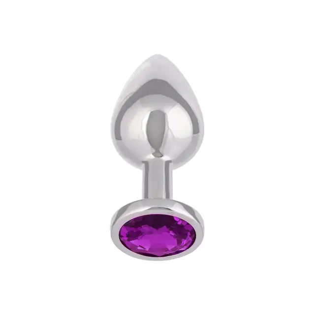 CalExotics - Jewel Large Amethyst Plug. Metalowy korek analny o bezszwowej opływowej konstrukcji z fioletowym kryształkiem w podstawie