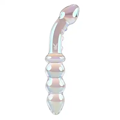 Playboy - Jewels Double. Podwójne dildo szklane z opalizującym wykończeniem, idealne do stymulacji punktu G i P