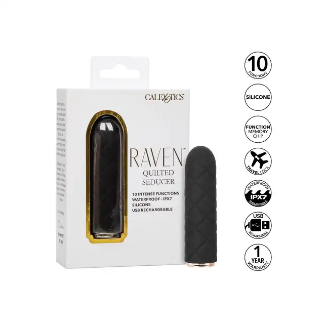 CalExotics - Raven Quilted Seducer. Mini wibrator o pikowanym wykończeniu z 10 ekscytującymi trybami wibracji i funkcją blokady w podróży