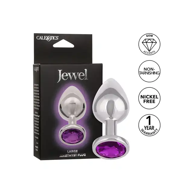 CalExotics - Jewel Large Amethyst Plug. Metalowy korek analny o bezszwowej opływowej konstrukcji z fioletowym kryształkiem w podstawie