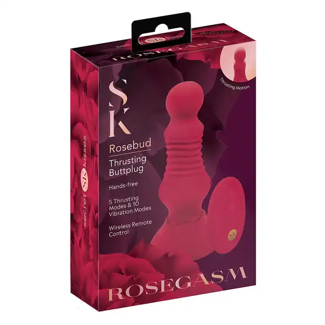 Rosegasm - Remote Thrusting Rosebud Buttplug. Elegancka i nowoczesna wtyczka analna na pilota z opcją wibracji i ruchu posuwistego z dekoracją róży. Przenieś się do krainy zmysłów. 