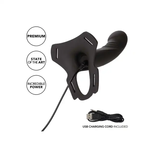 CalExotics - Boundless Rechargeable Harness. Wibrujący strapon z regulowaną uprzężą na biodra i uda, wielofunkcyjna przygoda pełna intensywnych wrażeń