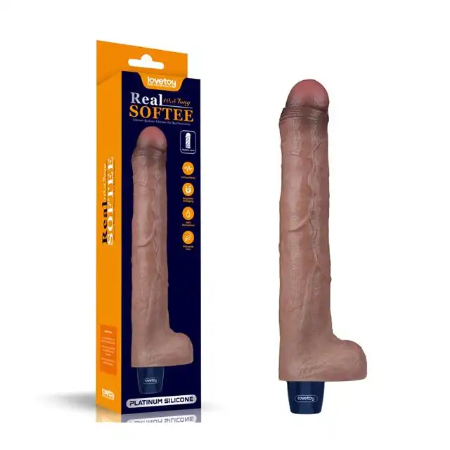 LoveToy - Real 10,5 " Long Softee Vibrator. Brązowy, super realistyczny wibrator z żylastą strukturą, multifuncyjny z silnymi wibracjami