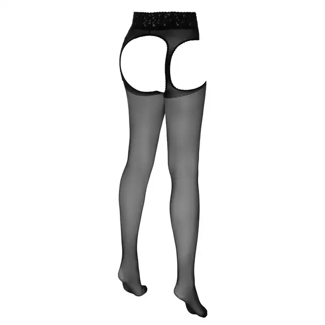 Cottelli Collection - Suspender Tights Black 3. Romantyczne, jedwabiste rajstopy z koronkowymi wycięciami i szeroką koronką w talii, idealne dla uwodzicielek