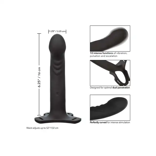 CalExotics - Boundless Rechargeable Harness. Wibrujący strapon z regulowaną uprzężą na biodra i uda, wielofunkcyjna przygoda pełna intensywnych wrażeń