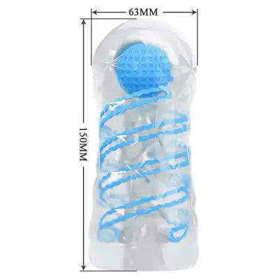 Pretty Love - Transparent Masturbator Blue. Przezroczysty masturbator męski z żebrowaną strukturą i stymulacyjną kulką wewnątrz