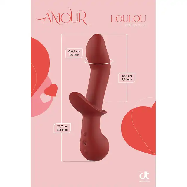 Amour – Flexible G-Spot Duo Vibe LouLou. Ciemnoczerwony wibrator z króliczkiem do punktu G z zakrzywioną główką i wygodną rączką