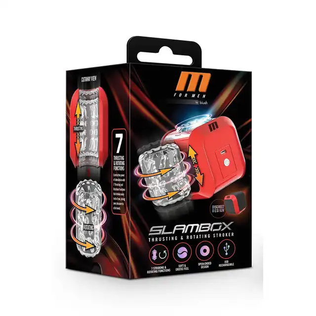 M for Men - Slambox Red. Automatyczny masturbator z funkcją super stymulacyjnych ruchów obrotowych, dyskretne i eleganckie etui