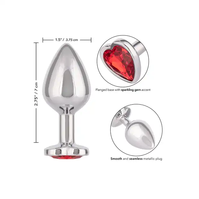 CalExotics - Jewel Large Ruby Heart Plug. Metalowy korek analny z czerwonym serduszkiem w podstawie, wtyczka o zaokrąglonym kształcie