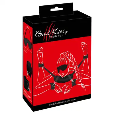 Bad Kitty - Neck Wrist Ankle Restraint. Rozbudowany zestaw do krępowania, połącz ze sobą szyję, dłonie oraz stopy dla maksymalnego zniewolenia