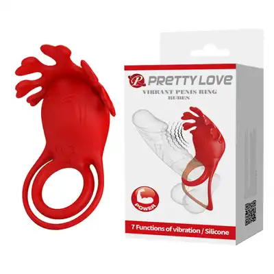 Pretty Love - Rubin Vibrant Penis Ring. Podwójny wibrujący ring na penisa ze stymulatorem łechtaczki w kształcie serc, genialny walentynkowy gadżet