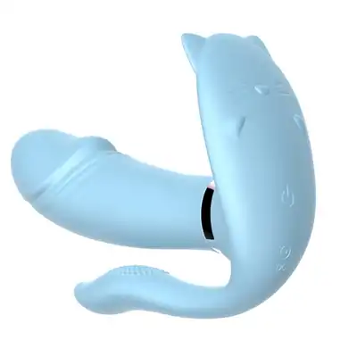 B-Series - Cat Triple Wearable Vibrator. Potrójny jasnoniebieski wibrator do stymulacji waginalnej, łechtaczkowej i analnej. Potrójna zabawa, potrójny orgazm. 