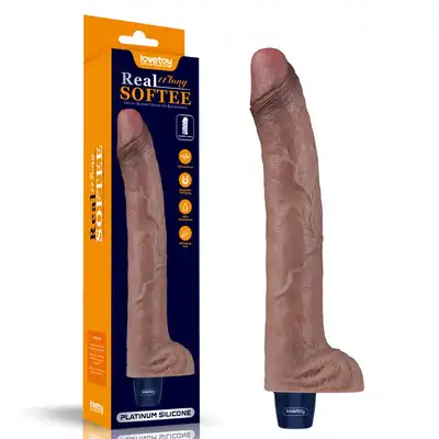 Lovetoy - Real 11 " Long Softee Vibrator. Duży, super realistyczny wibrator w brązowym kolorze z żylastą strukturą, silne wibracje w dużym rozmiarze