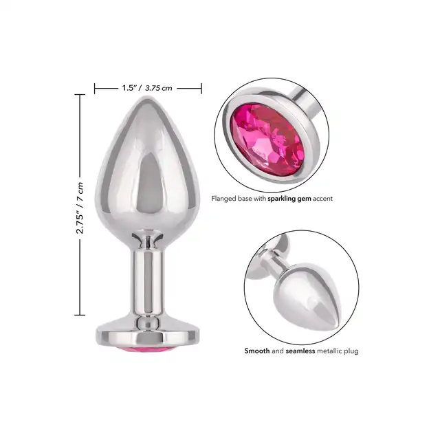 CalExotics - Jewel Large Rose Plug. Metalowy korek analny z różowym kryształkiem w podstawie, srebrny i gładki plug o opływowym kształcie