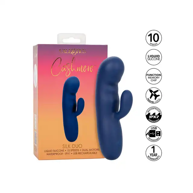 CalExotics - Cashmere Silk Duo. Aksamitny wibrator z króliczkiem o zakrzywionej końcówce do punktu G i elastycznym stymulatorze łechtaczki