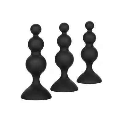 CalExotics - Silicone Beaded Anal Kit. Silikonowy zestaw korków analnych o stożkowym i koralikowym ksztalcie, przyssawka w podstawie