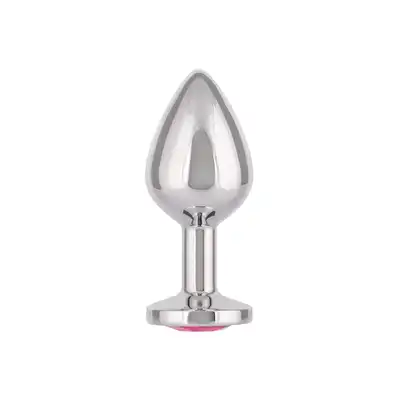 CalExotics - Jewel Large Rose Plug. Metalowy korek analny z różowym kryształkiem w podstawie, srebrny i gładki plug o opływowym kształcie