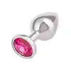 CalExotics - Jewel Large Rose Plug. Metalowy korek analny z różowym kryształkiem w podstawie, srebrny i gładki plug o opływowym kształcie
