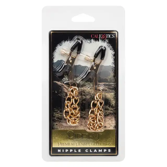 CalExotics - Ride Em Denim Nipple Clamps. Złote zaciski na sutki ze zwisającymi łańcuszkami, uwrażliwienie i przyjemność