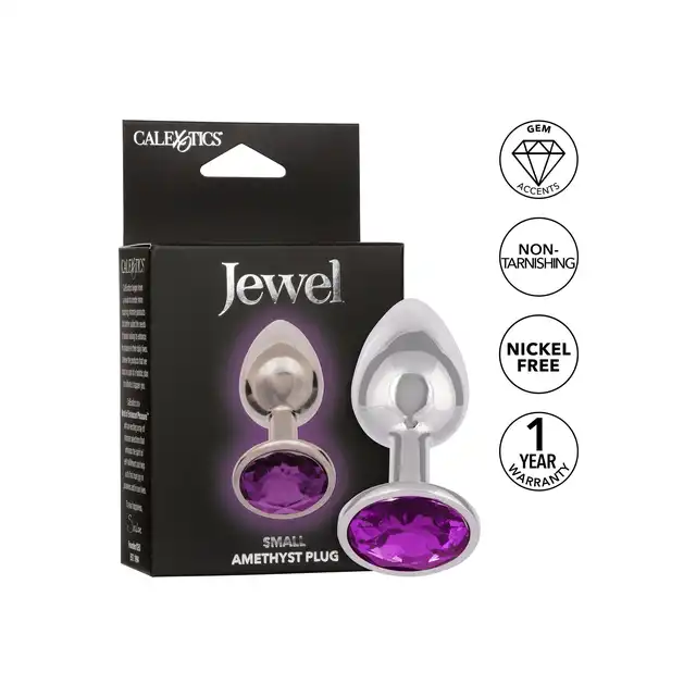 CalExotics - Jewel Small Amethyst Plug. Korek analny o bezszwowej metalowej konstrukcji z fioletowym kryształkiem w podstawie