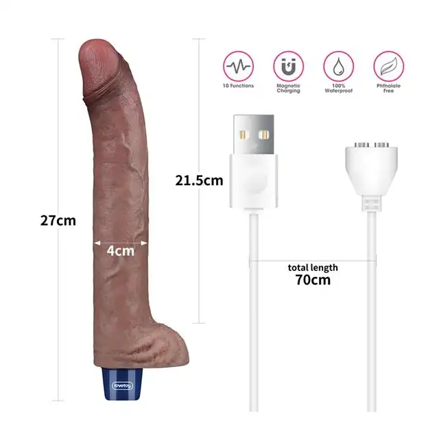 Lovetoy - Real 11 " Long Softee Vibrator. Duży, super realistyczny wibrator w brązowym kolorze z żylastą strukturą, silne wibracje w dużym rozmiarze