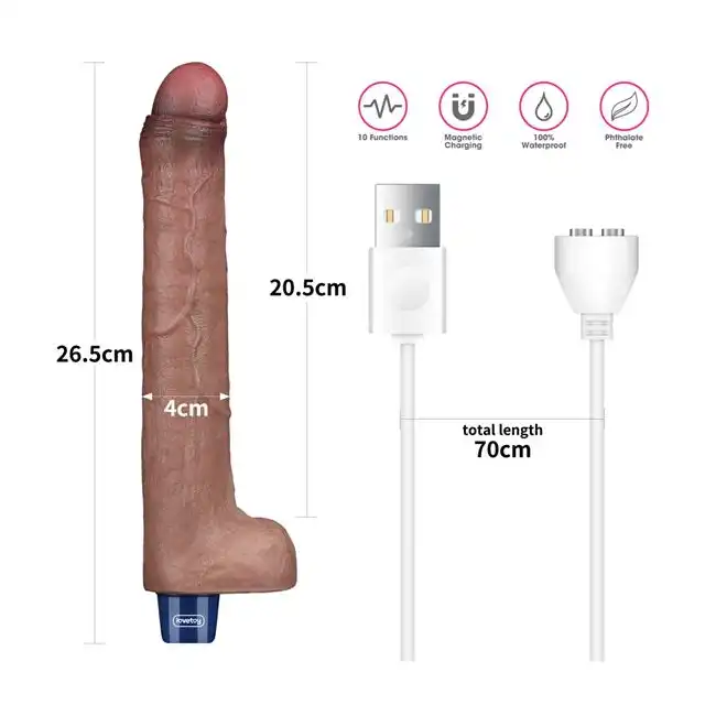 LoveToy - Real 10,5 " Long Softee Vibrator. Brązowy, super realistyczny wibrator z żylastą strukturą, multifuncyjny z silnymi wibracjami