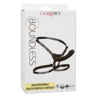 CalExotics - Boundless Rechargeable Harness. Wibrujący strapon z regulowaną uprzężą na biodra i uda, wielofunkcyjna przygoda pełna intensywnych wrażeń