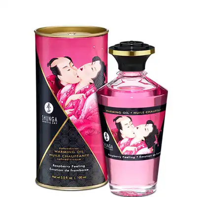  Shunga - Aphrodisiac Warming Oil Raspberry Feeling 100 ml. Rozgrzewający olejek do masażu o smaku soczystych malin. 